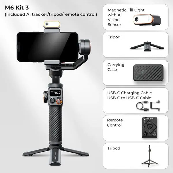 Hohem iSteady M6 Kit Handheld Gimbal Stabilizer Selfie Tripod for Smartphone with AI Magnetic Fill Light Full Color Video Lights